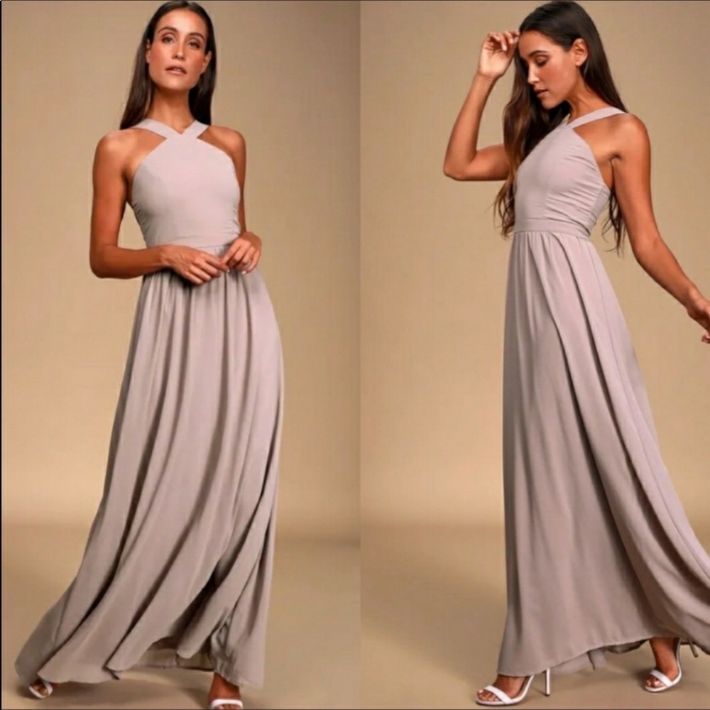 Lulu’s “Air of Romance”  Taupe Formal Sleeveless Maxi Dress
